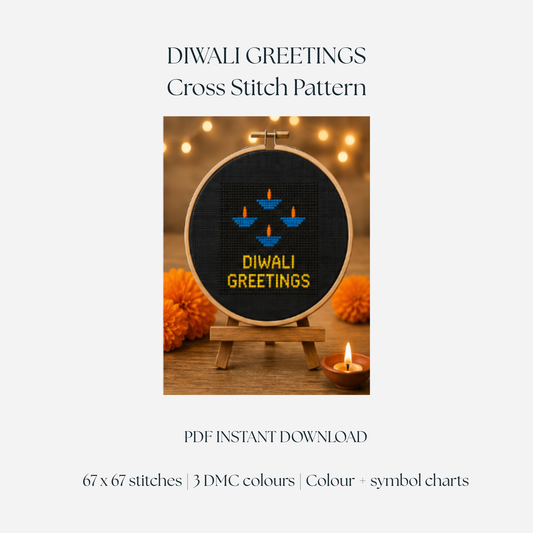 Diwali Greetings cross stitch pattern finished in an embroidery hoop with blue, gold and orange details