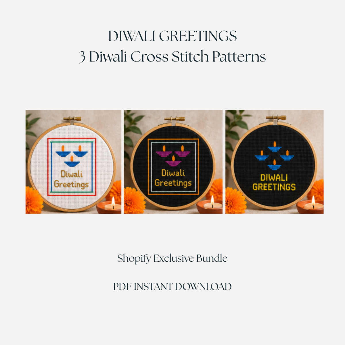 Diwali Cross Stitch Pattern Bundle – 3 Diwali Greetings Designs | Digital PDF