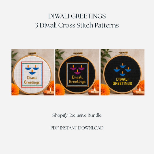 Diwali Cross Stitch Pattern Bundle – 3 Diwali Greetings Designs | Digital PDF