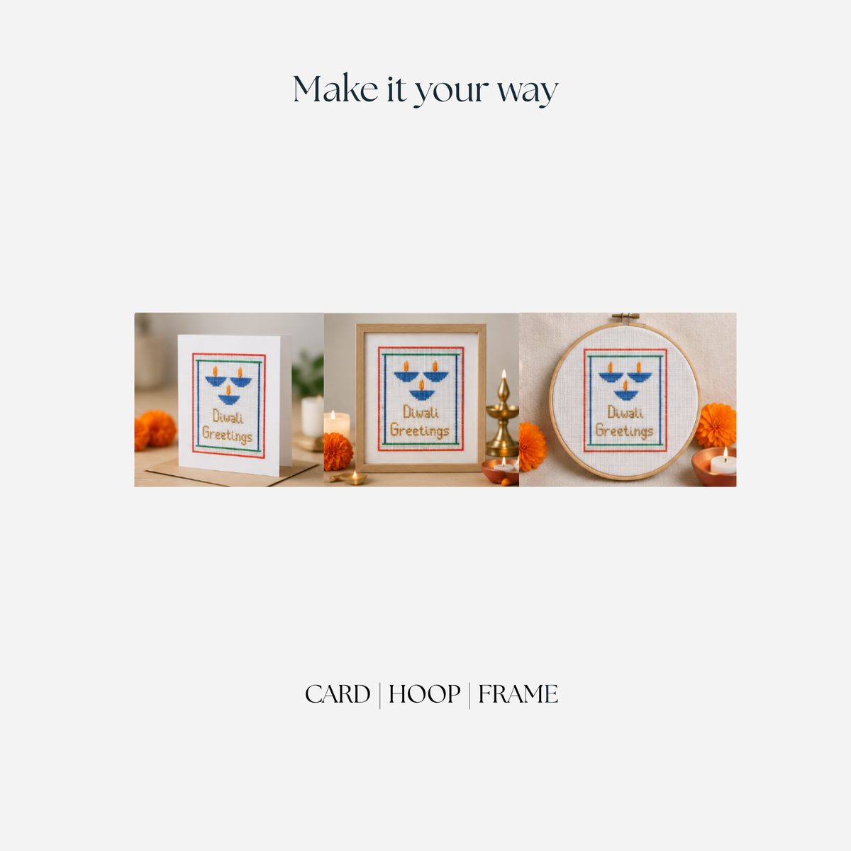 Diwali diya cross stitch pattern shown as a greeting card, embroidery hoop and framed decoration