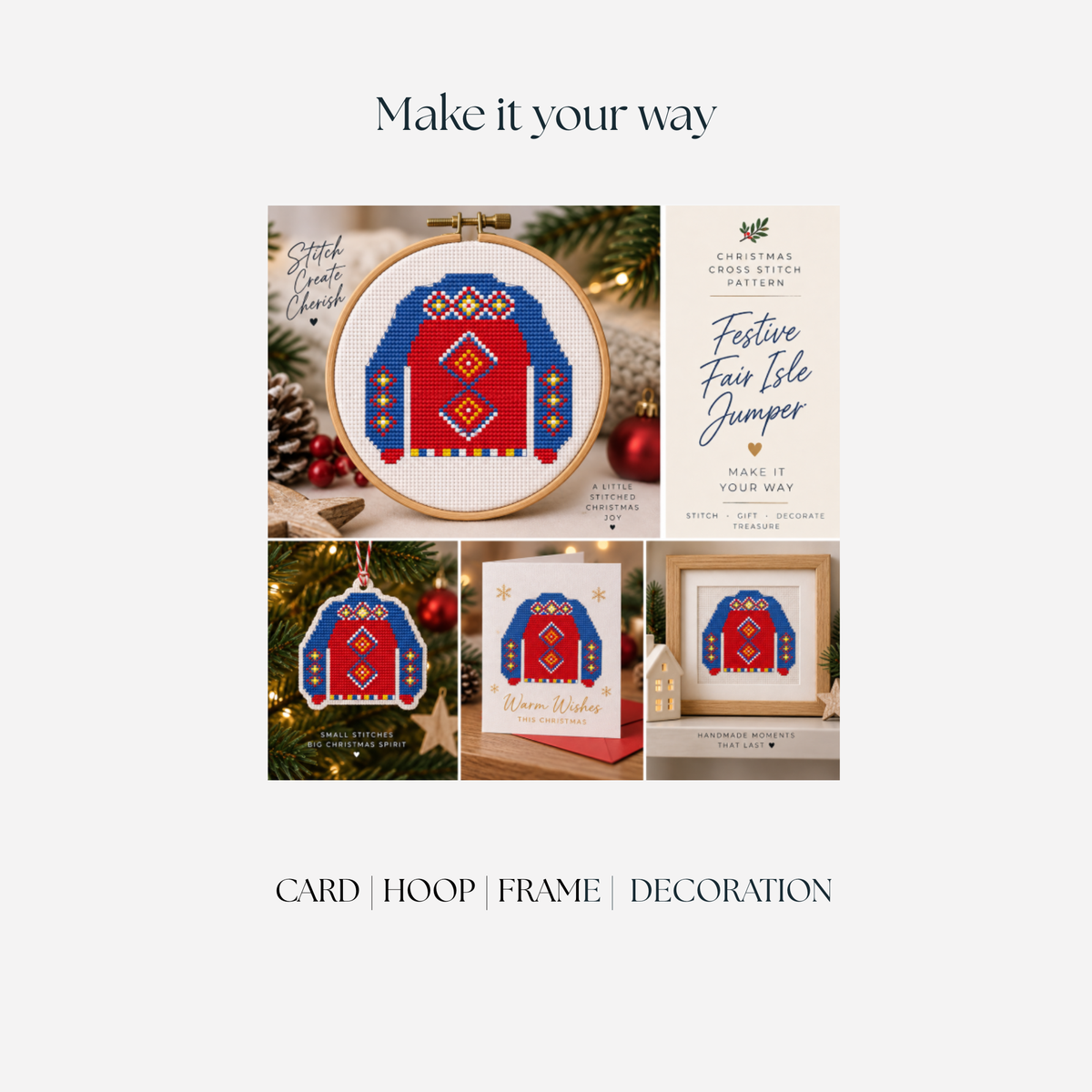 Digital mock-ups showing a red and blue Christmas jumper cross stitch design finished in an embroidery hoop, greeting card, wooden frame and hanging tree decoration.
