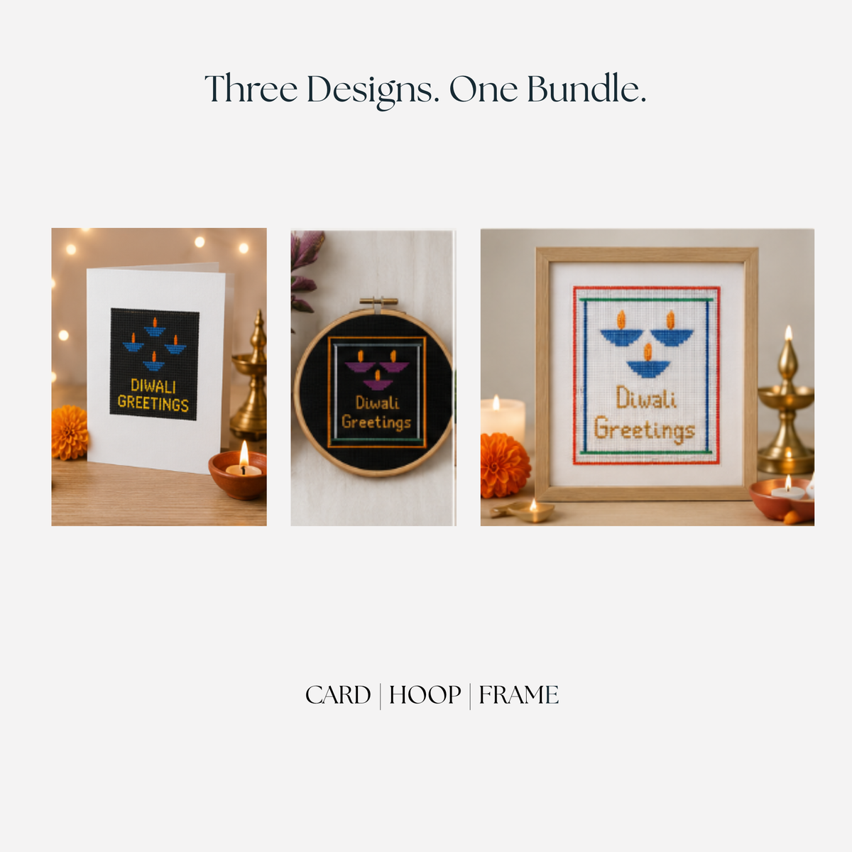 Diwali Cross Stitch Pattern Bundle – 3 Diwali Greetings Designs | Digital PDF