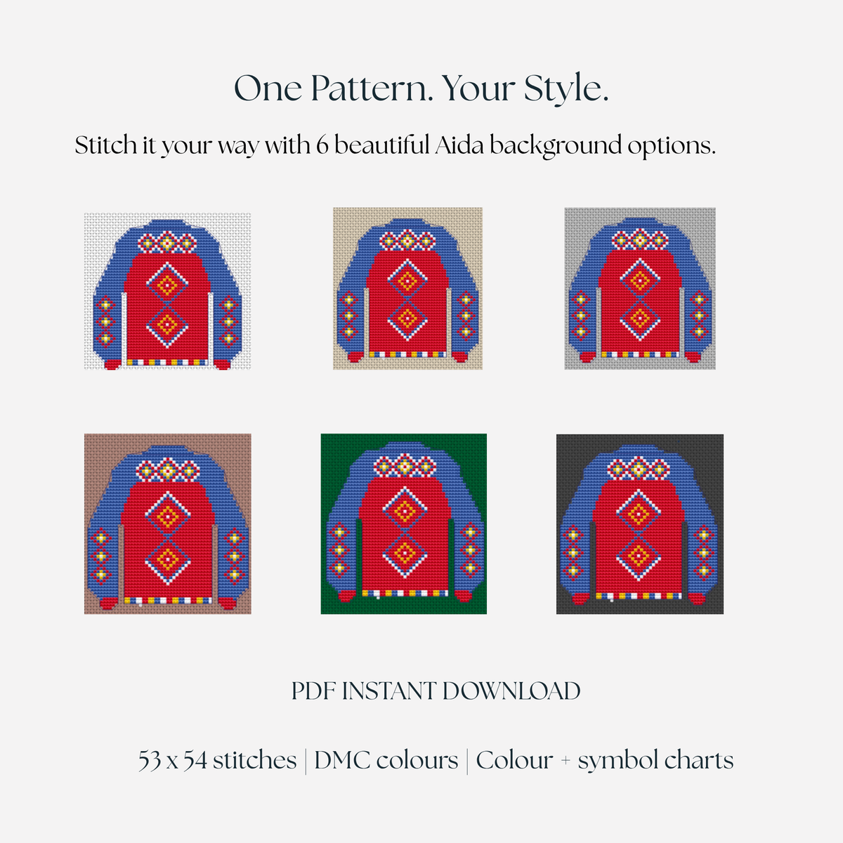 Six Aida fabric colour options for a red and blue Fair Isle Christmas jumper cross stitch pattern, shown on white, beige, grey, brown, green and black backgrounds.