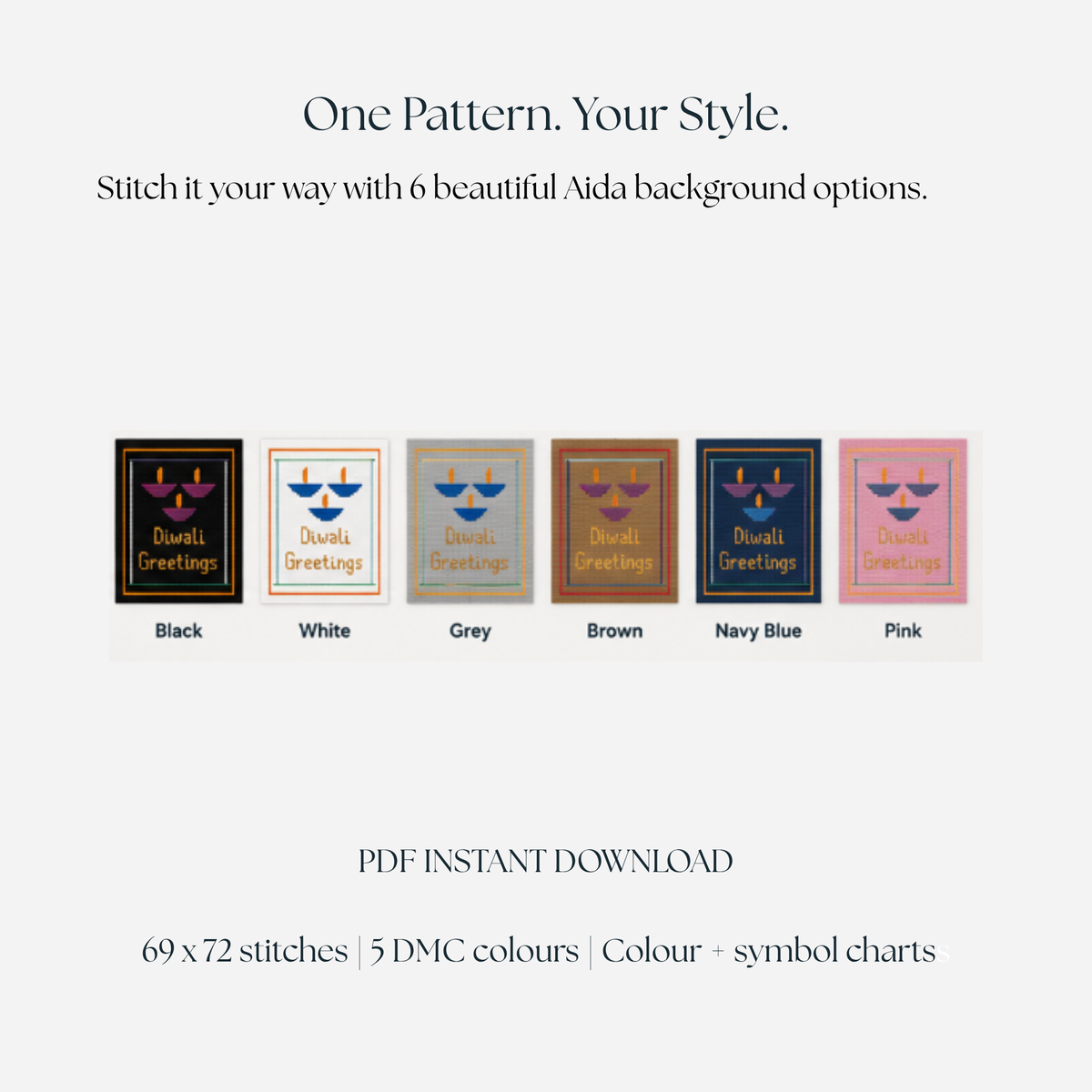 Blue Diwali diya cross stitch design shown on six suggested Aida fabric colours