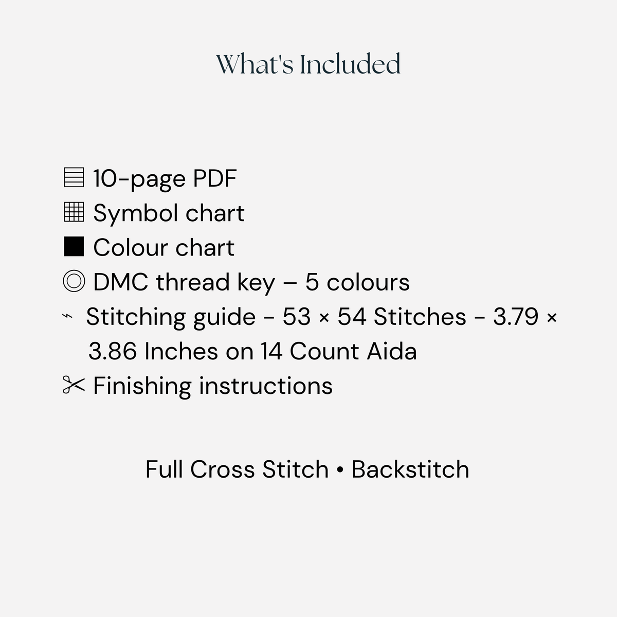 Contents of the Christmas jumper cross stitch PDF, including colour and symbol charts, five DMC thread colours, stitching guide and finishing instructions.