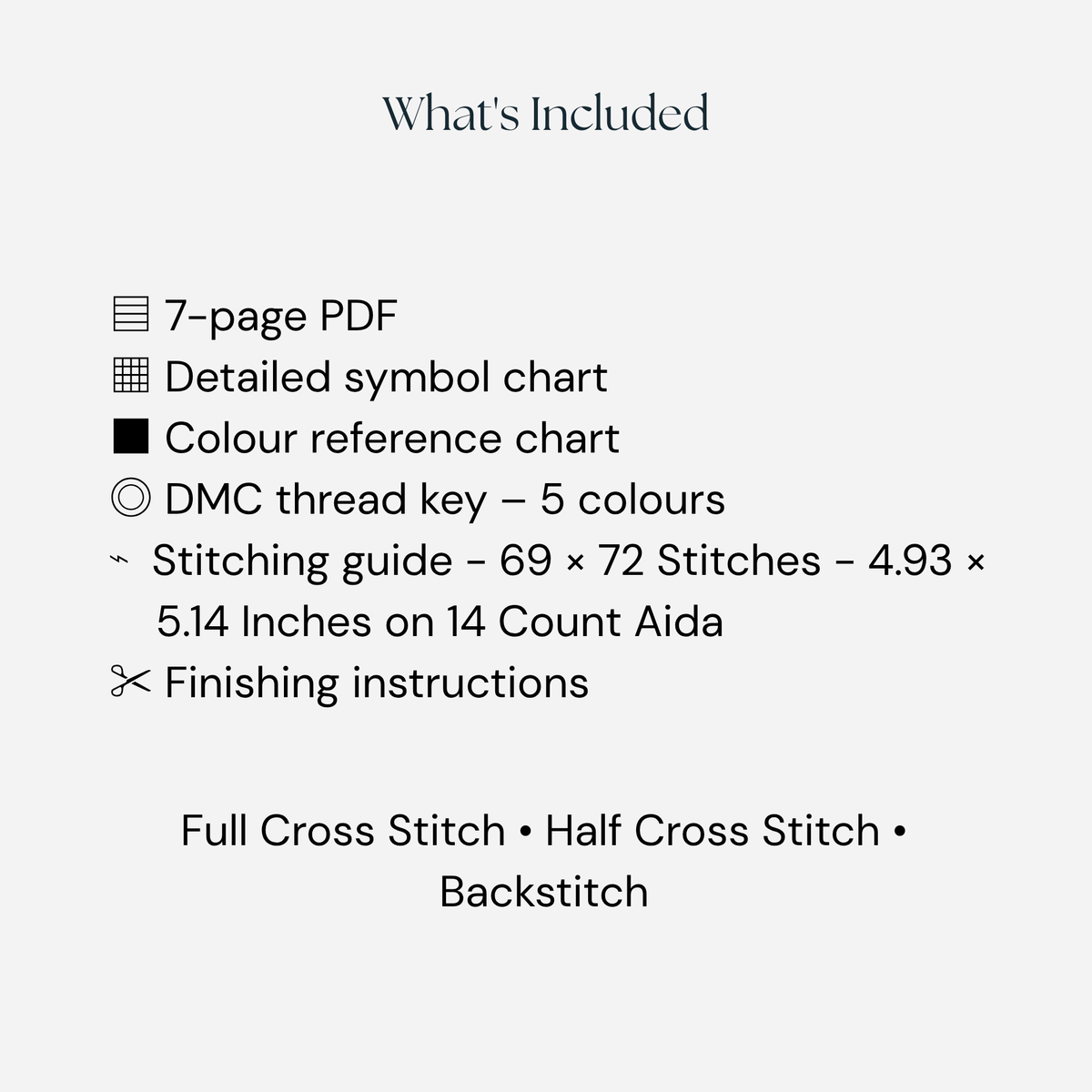 Contents of the Blue Diwali diya PDF cross stitch pattern including charts, DMC colours and finishing guidance