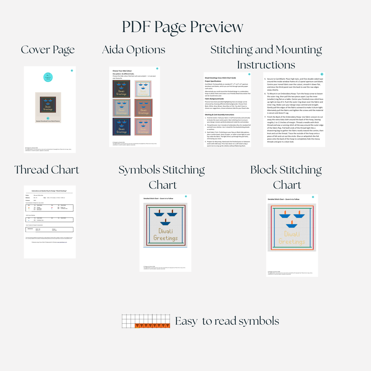 PDF preview showing colour and symbol charts for the Blue Diwali diya cross stitch pattern