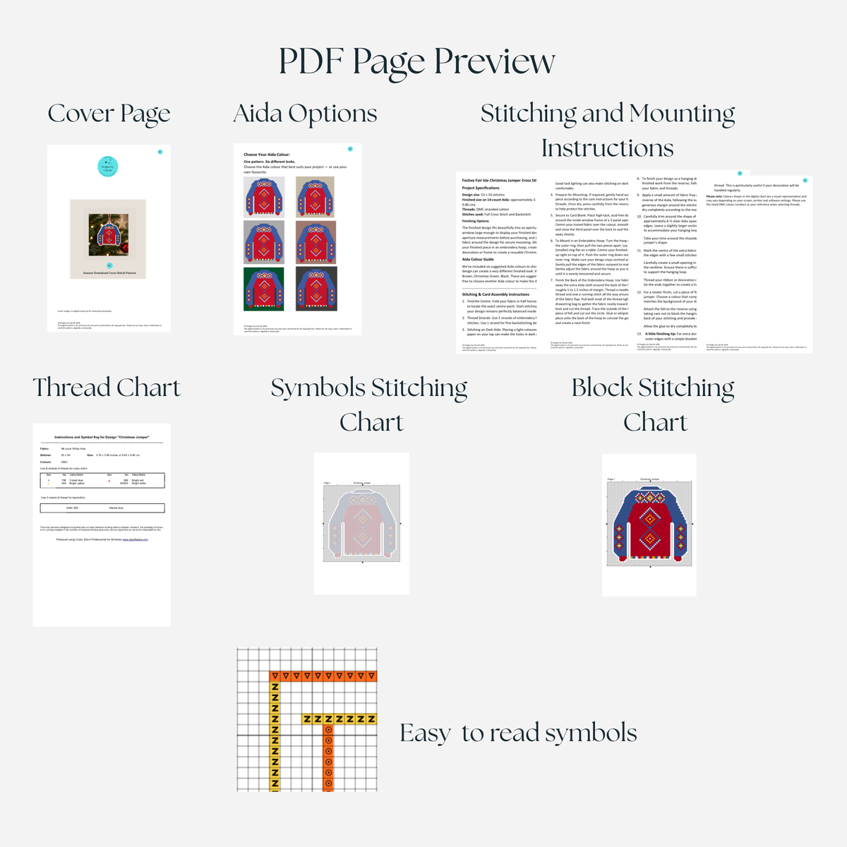 Preview of the 10-page Christmas jumper cross stitch PDF showing the cover, Aida options, instructions, DMC thread key and colour and symbol charts.
