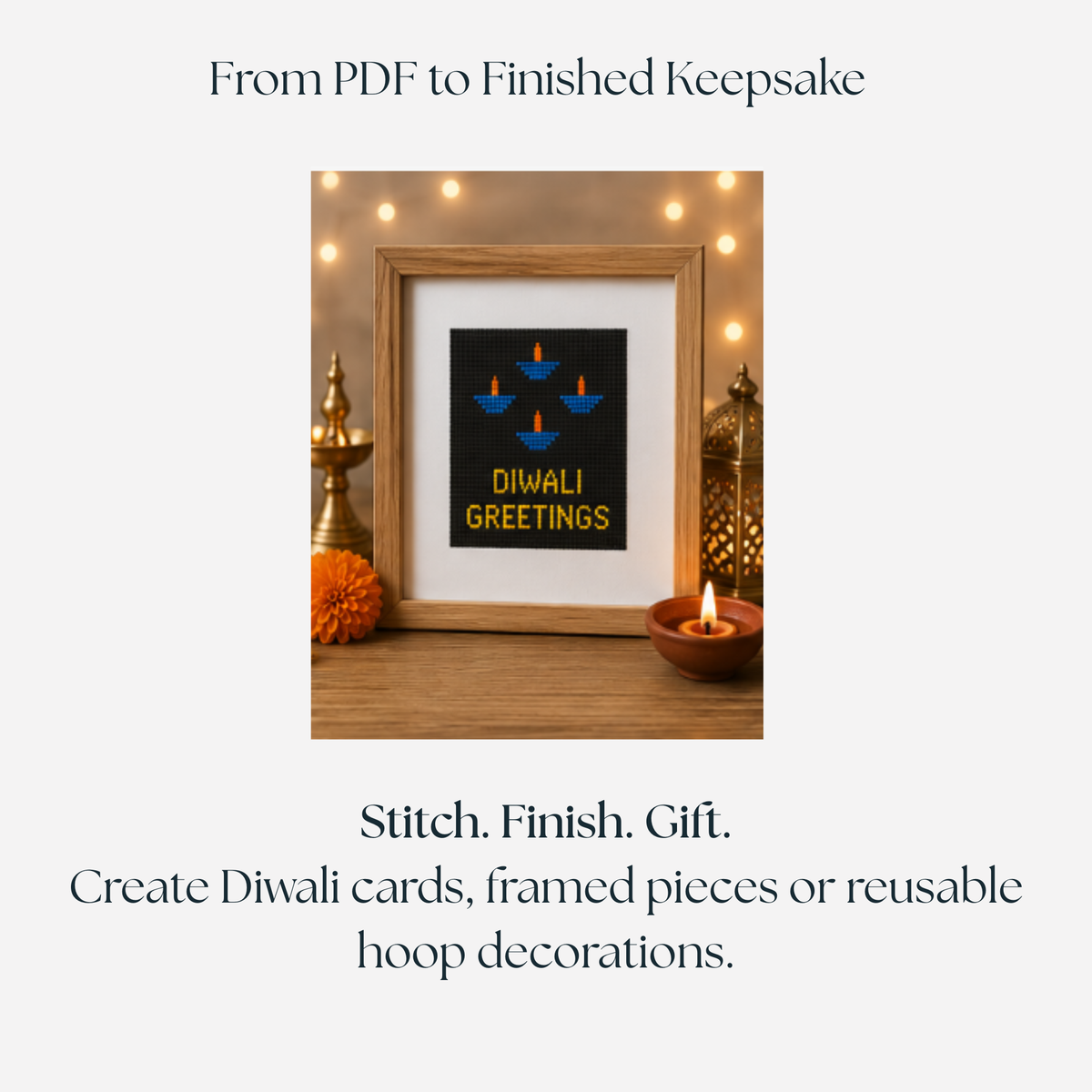 Diwali Cross Stitch Pattern Bundle – 3 Diwali Greetings Designs | Digital PDF
